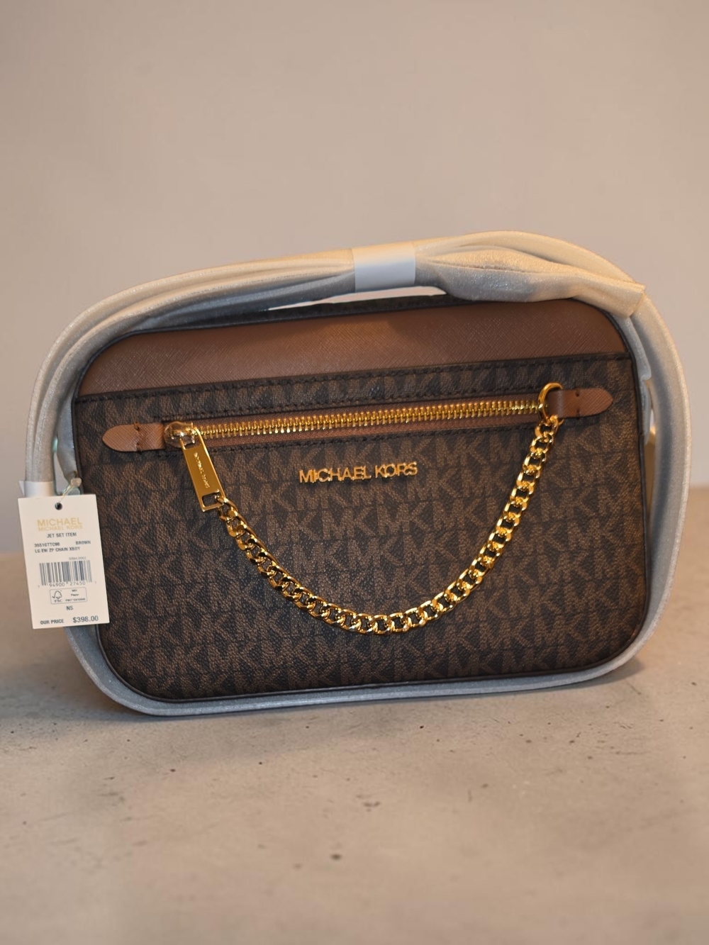 Michael Kors Brown Logo Chain-Accent Crossbody Bag